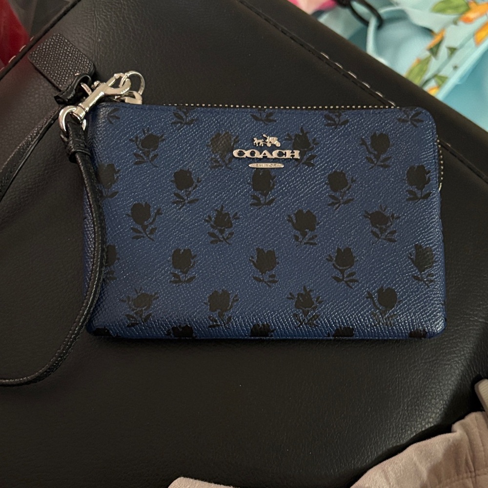 Coach Navy and Black Floral Wristlet Pouch